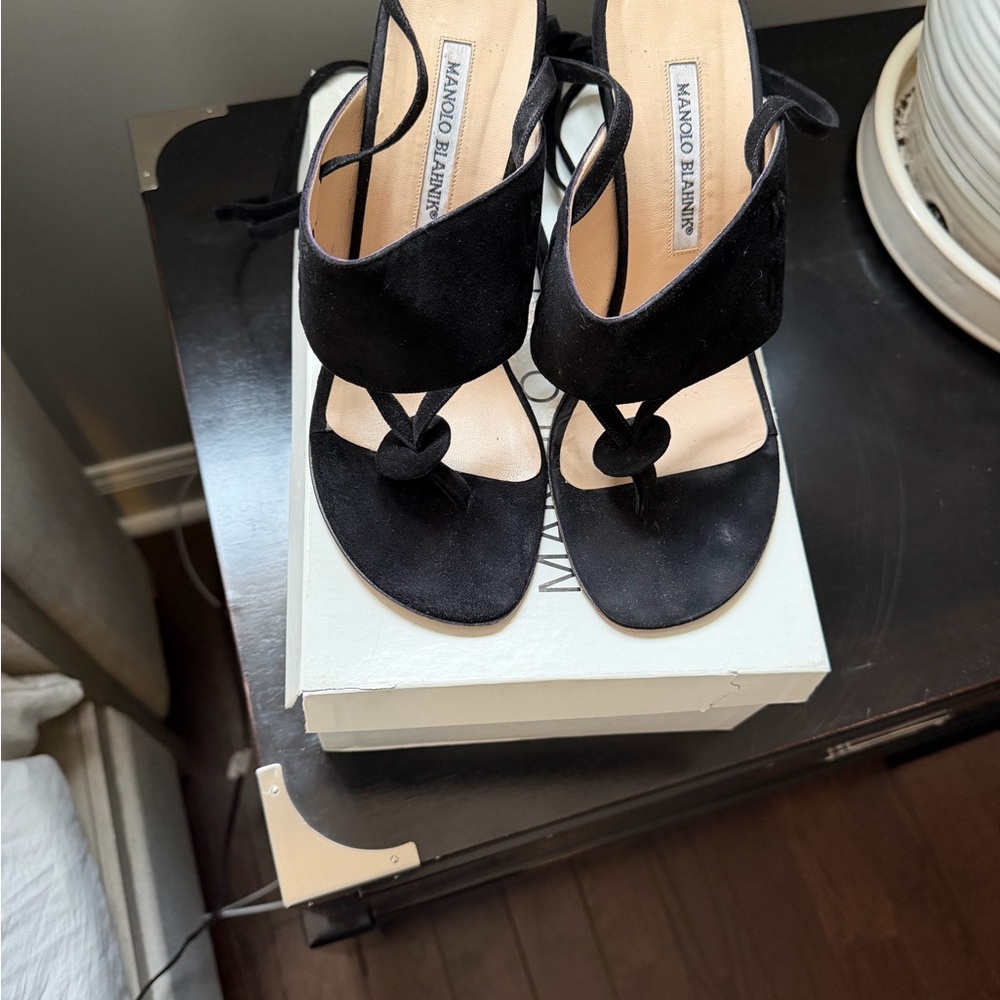 Manolo Blahnik Black Suede Knotted Front Heeled Sandals